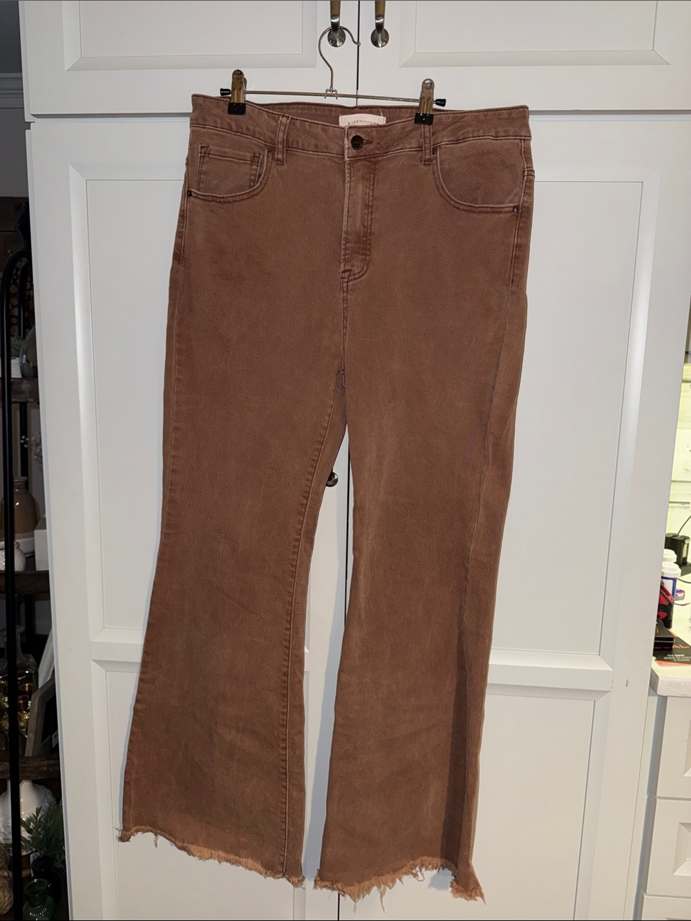 Risen High Rise Wide Leg Frayed Hem Jeans Rust Brown Plus Size 1XL